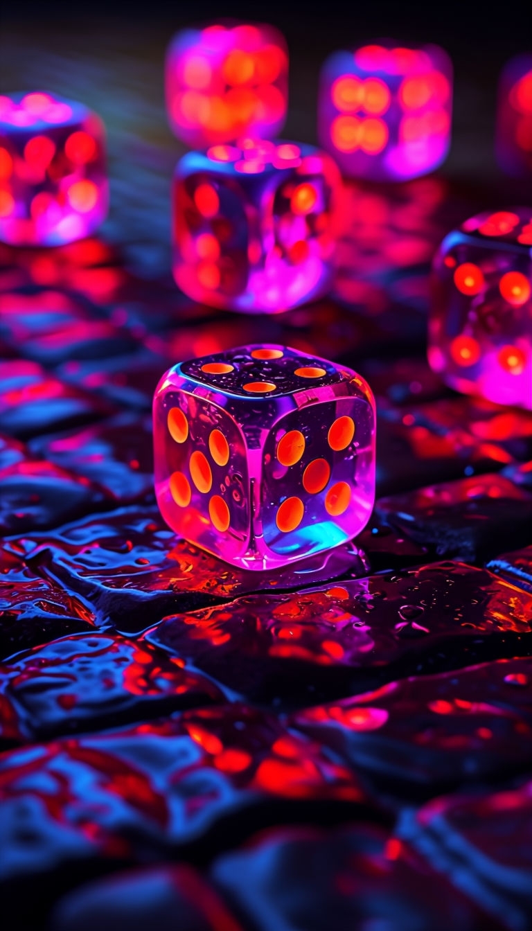 Glowing Neon Purple Dice on Wet Cobblestone Surface Mobile Wallpaper