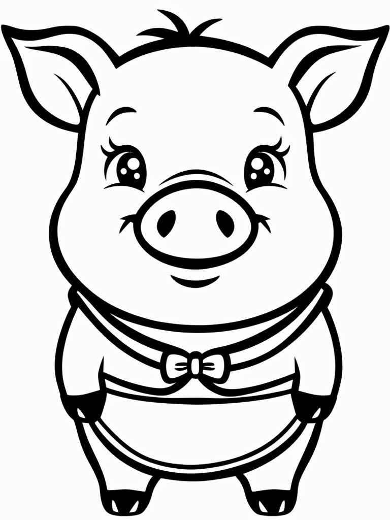 Cute Cartoon Pig Character Line Drawing for Coloring Book Pages