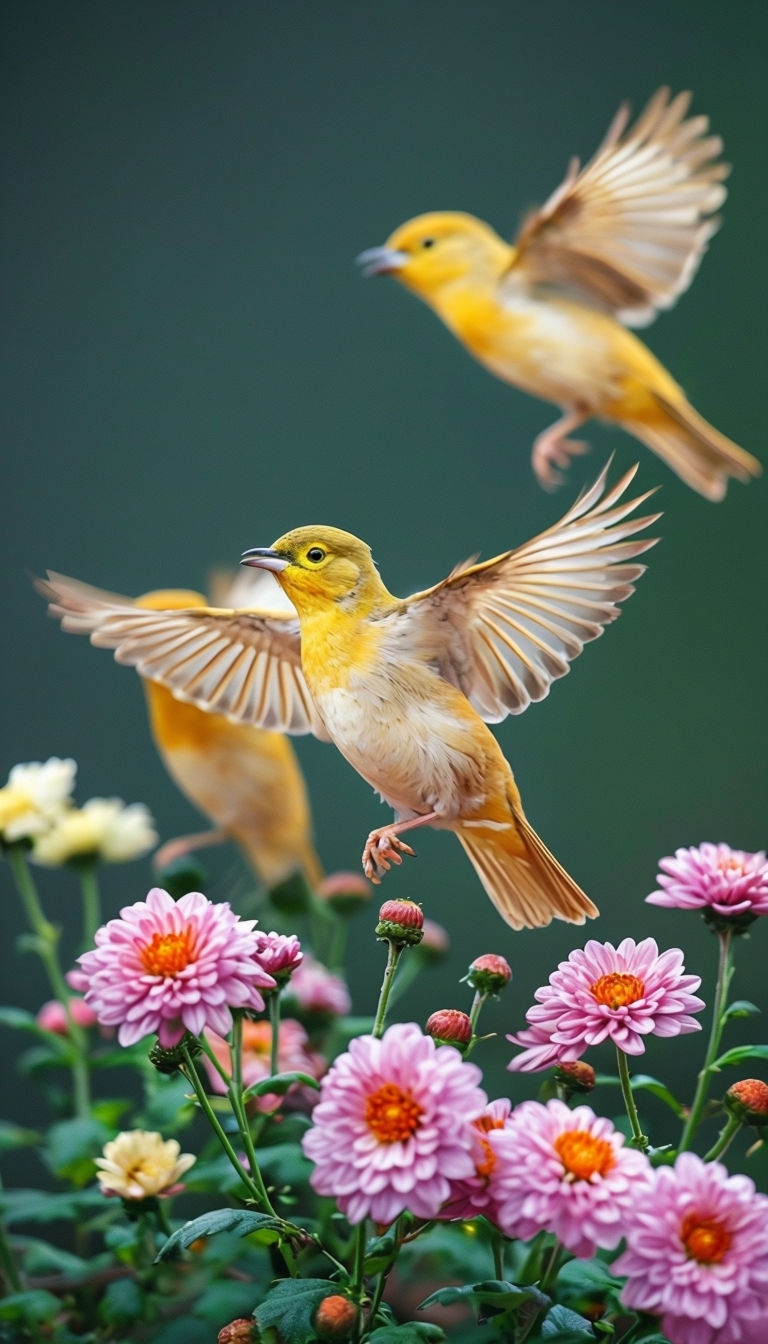 Vibrant Yellow Birds in Flight Over Pink Chrysanthemums Mobile Wallpaper