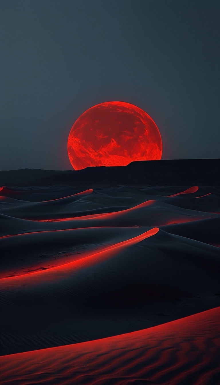 Dramatic Desert Landscape at Twilight with Glowing Red Orb Mobile Wallpaper
