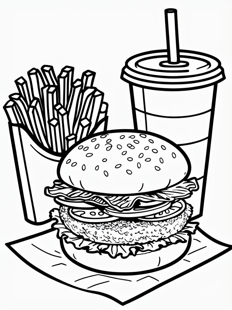 Fun Fast Food Collection Outline Drawing for Kids Coloring Book Pages