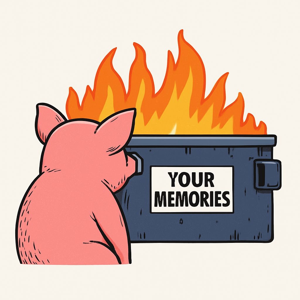 Playful Pink Piglet with Garbage Bin and Flames Sticker
