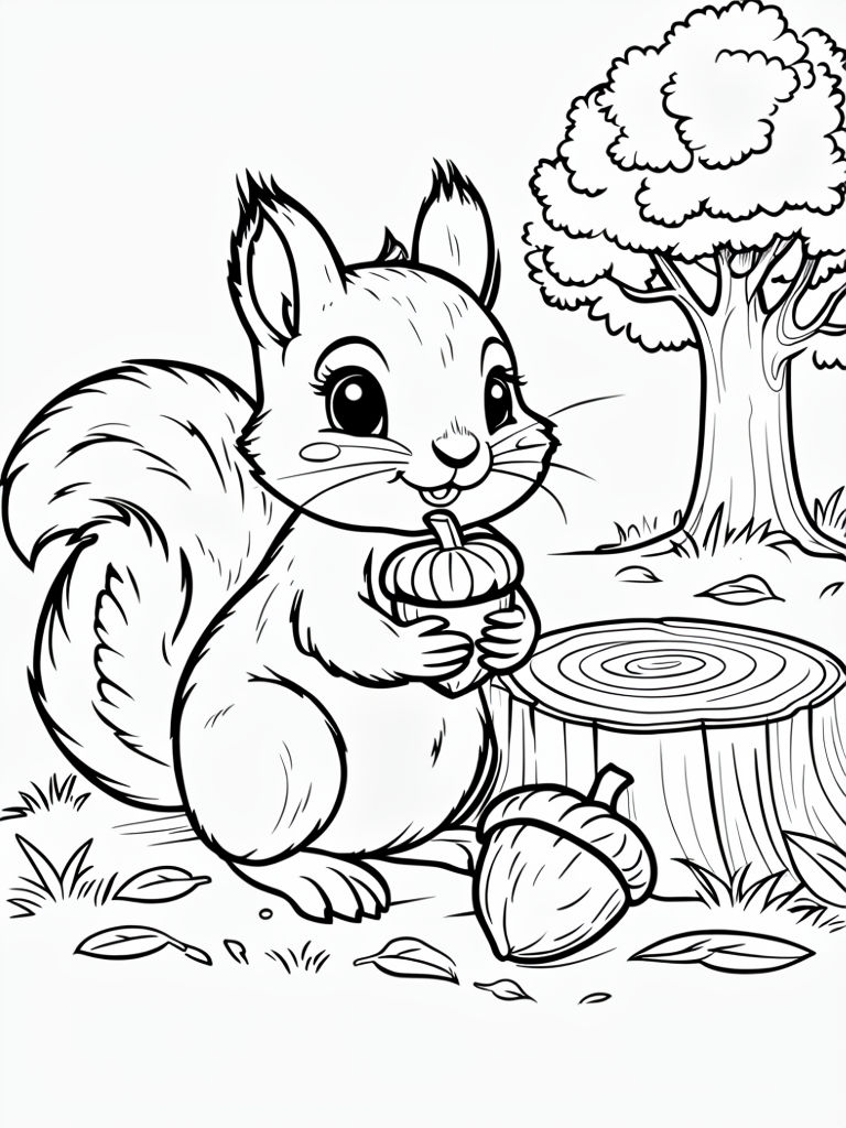 Cute Cartoon Squirrel and Acorn Line Drawing Coloring Page