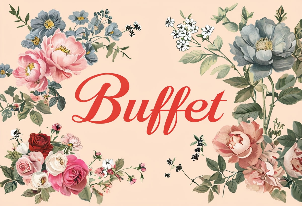 Vintage Floral Buffet Sign with Red Cursive Script and Flowers Event Sign