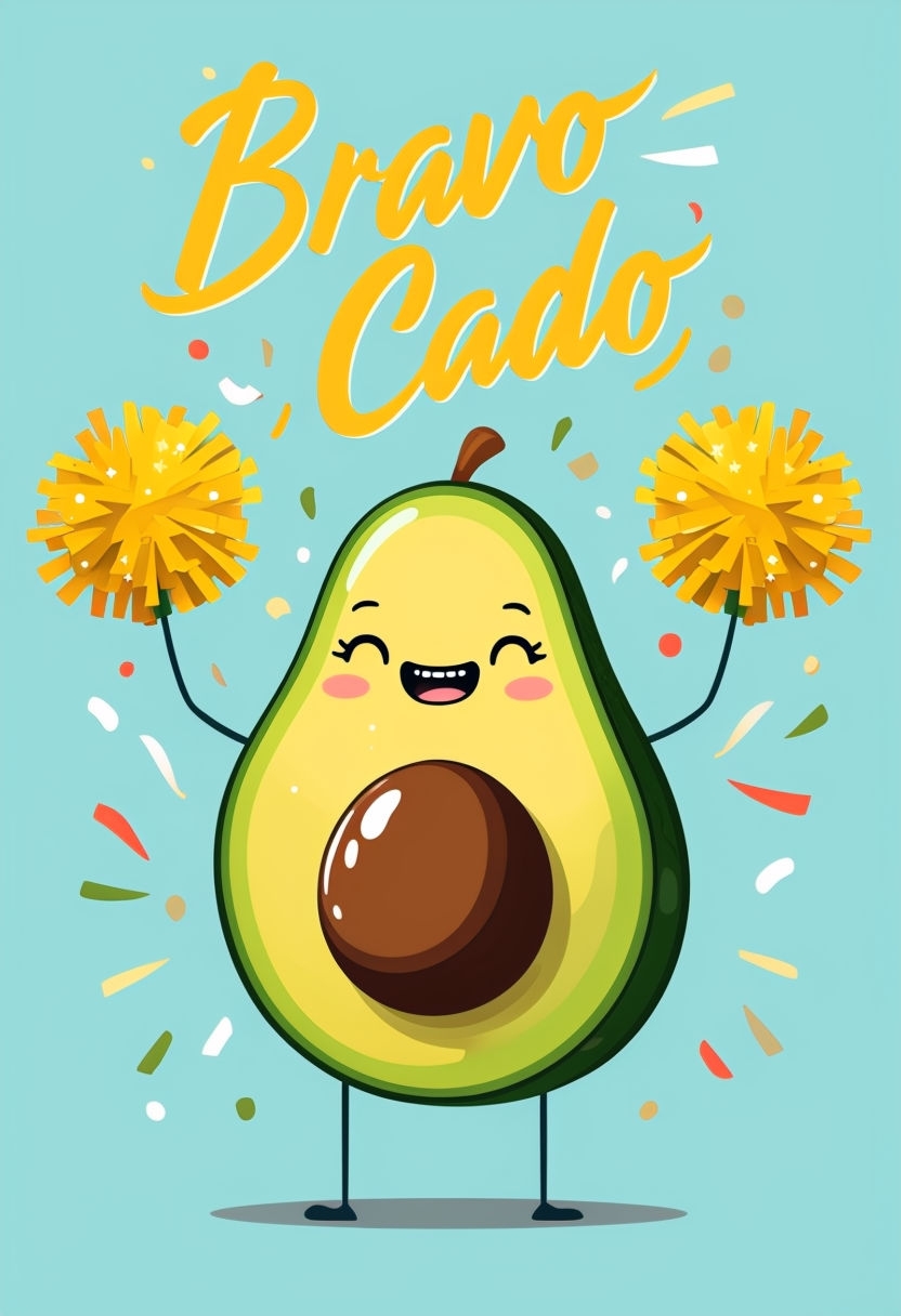 Cheerful Cartoon Avocado Character with Pom-Poms Sticker