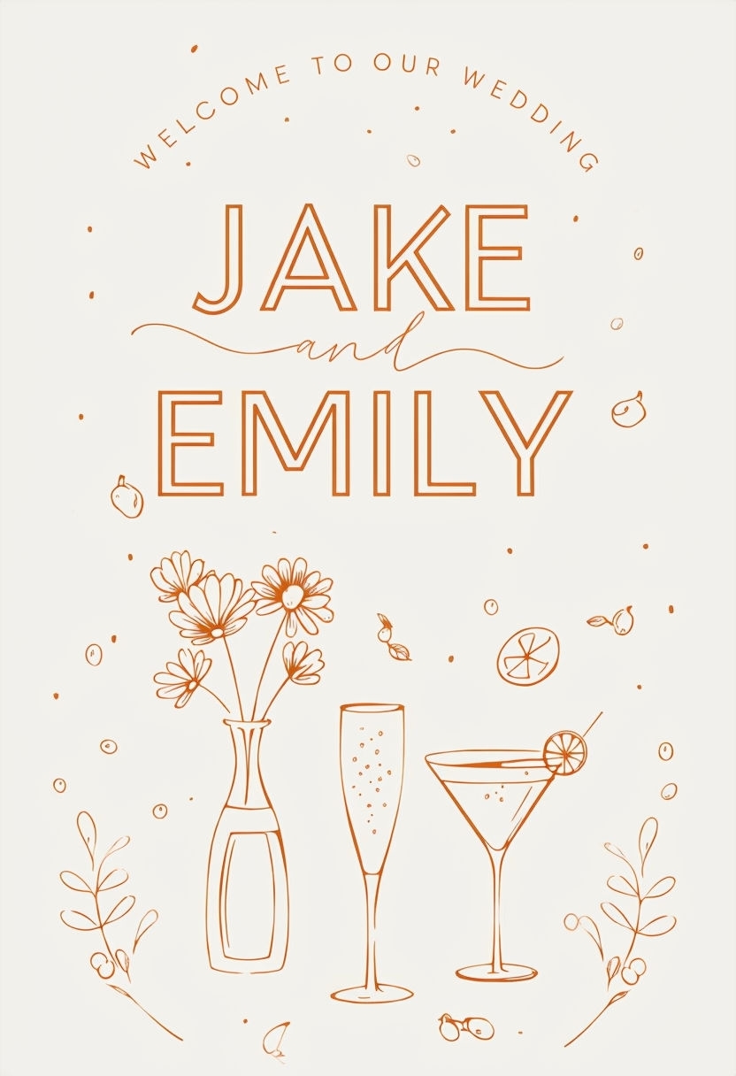 Elegant Modern Wedding Welcome Sign with Hand-Drawn Illustrations Event Sign