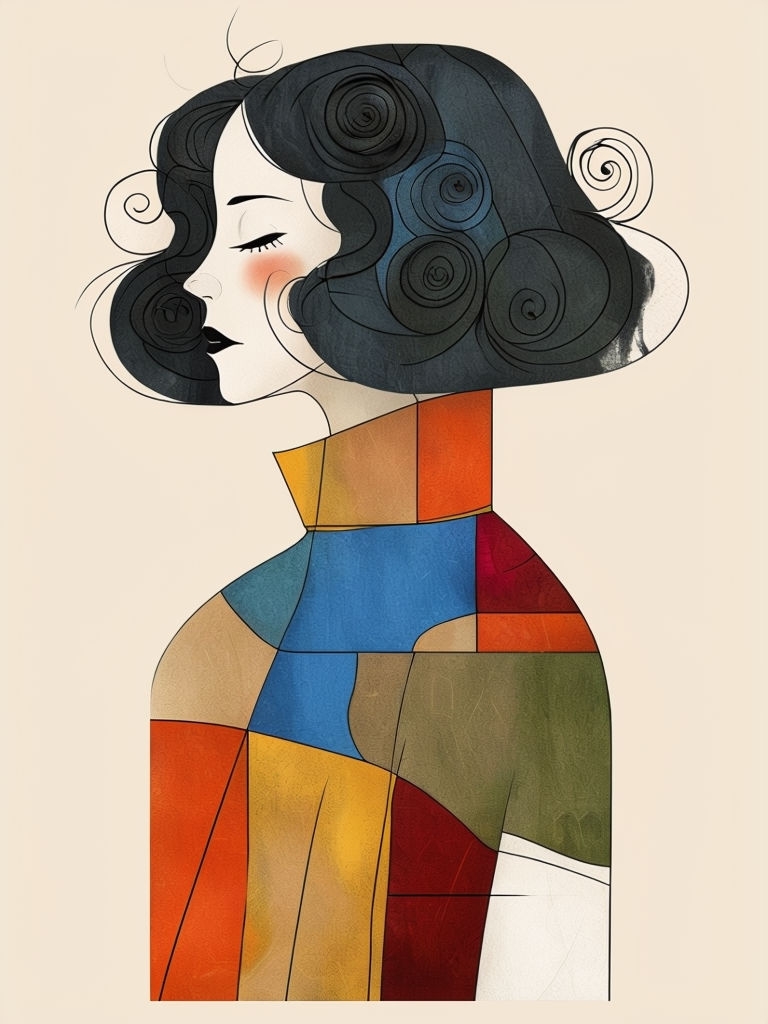 Stylized Female Profile with Geometric Patchwork Scarf Art
