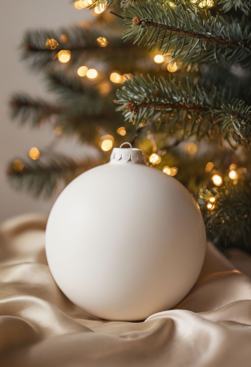 Festive White Ceramic Ornament on Beige Satin Fabric Mockup