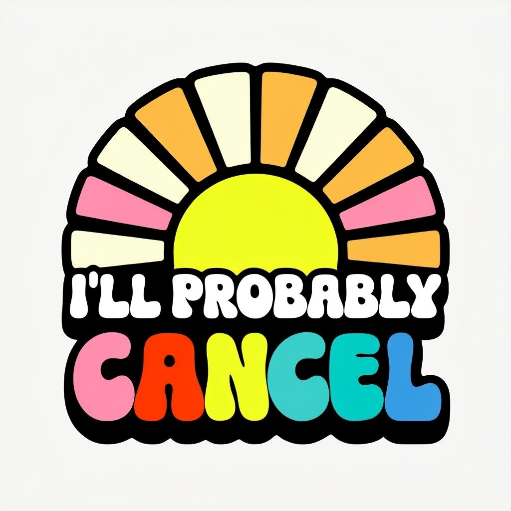 Playful Cartoon Sun and Text 'I'll Probably Cancel' Mug