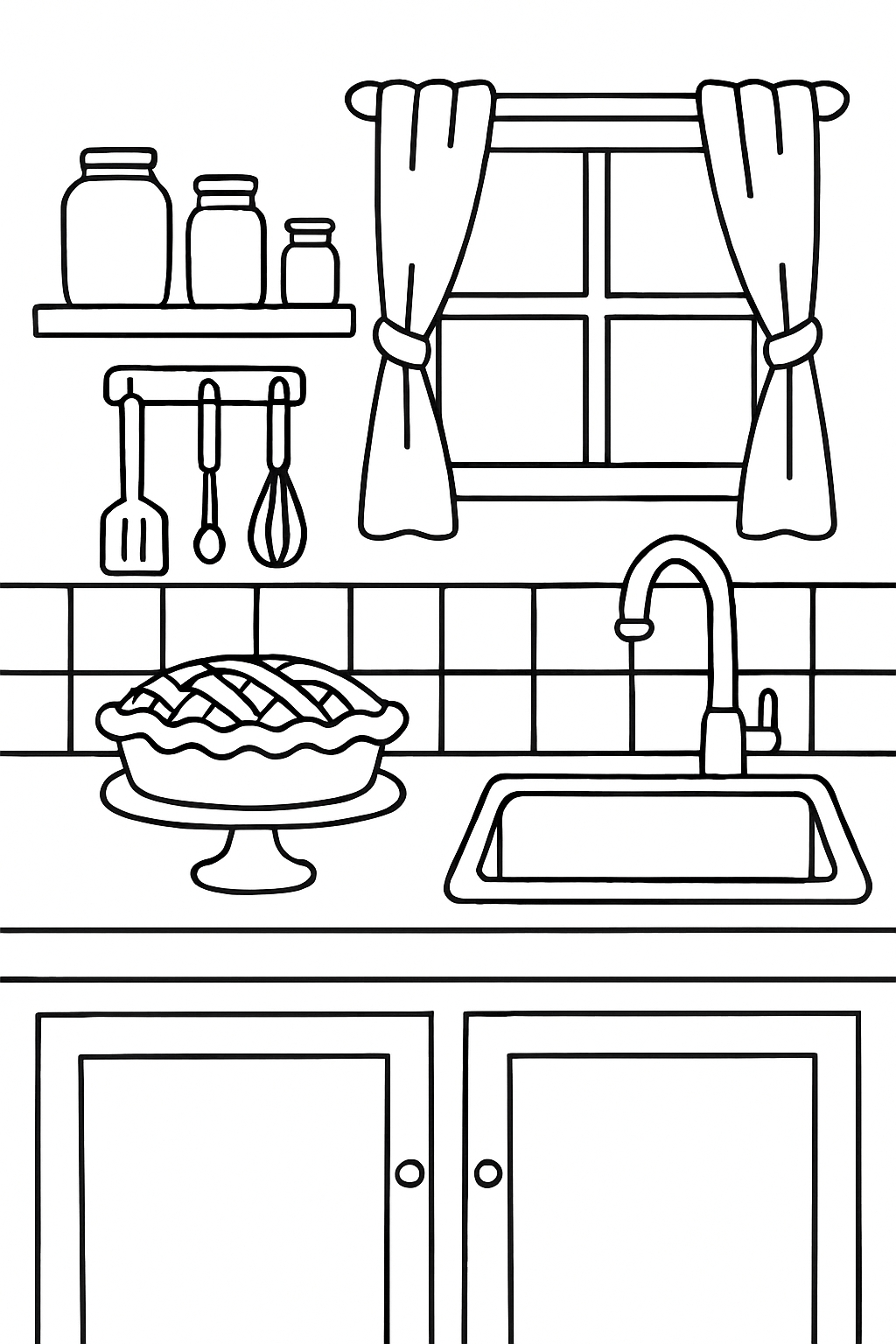 Cozy Kitchen Scene in Black and White Line Drawing Coloring Book Page