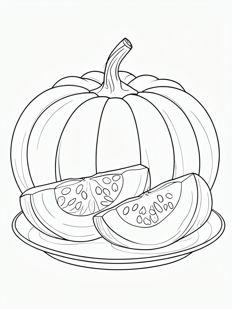 Delicate Black Outline Pumpkin and Slices Coloring Page
