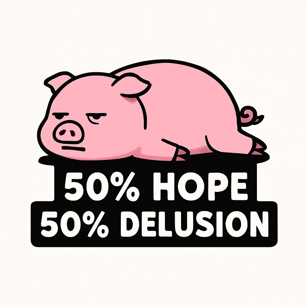 Somber Cartoon Pink Pig with Banner Text Sticker