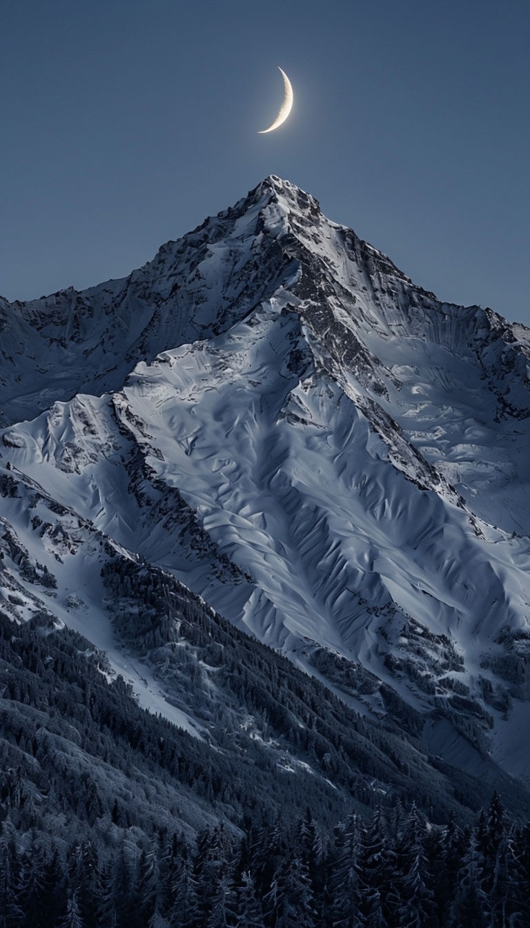Majestic Snow-Capped Mountain with Crescent Moon Mobile Wallpaper