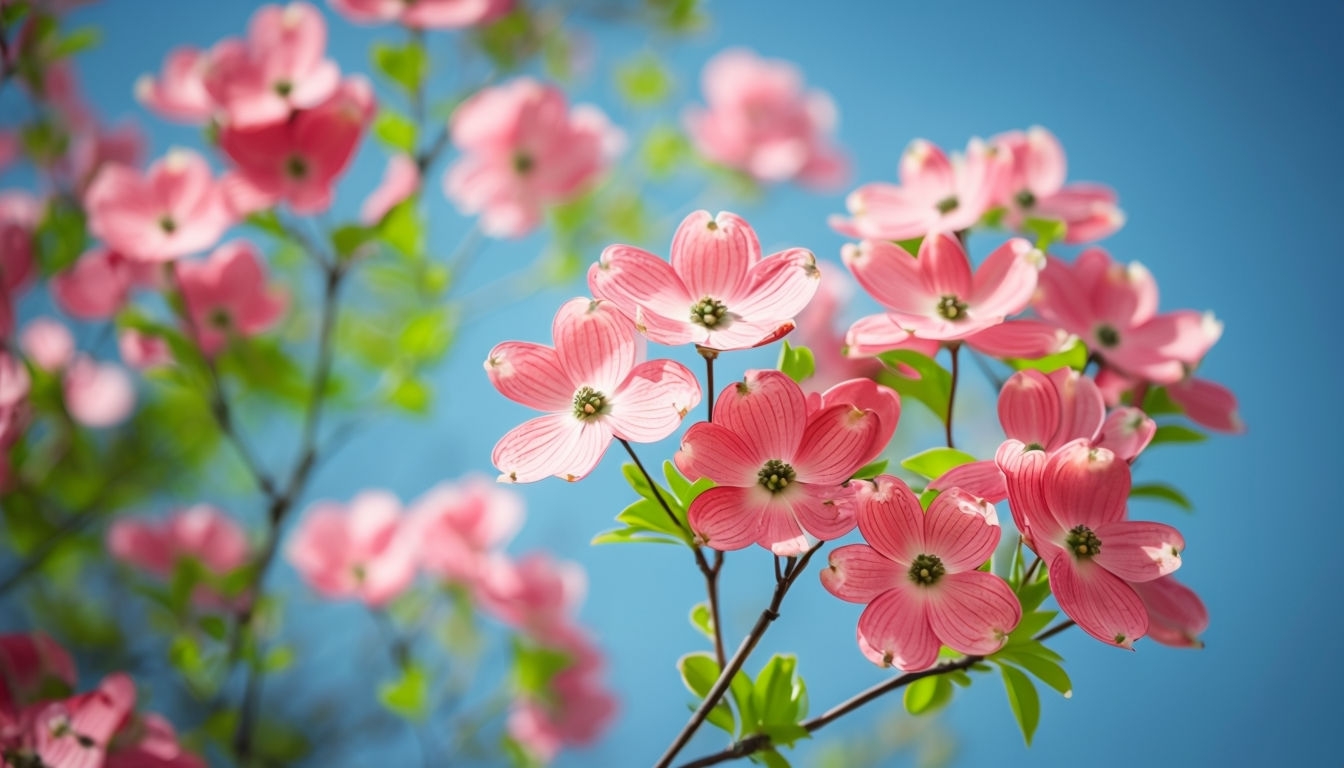 Vibrant Pink Dogwood Flowers Against Blue Sky Virtual Background
