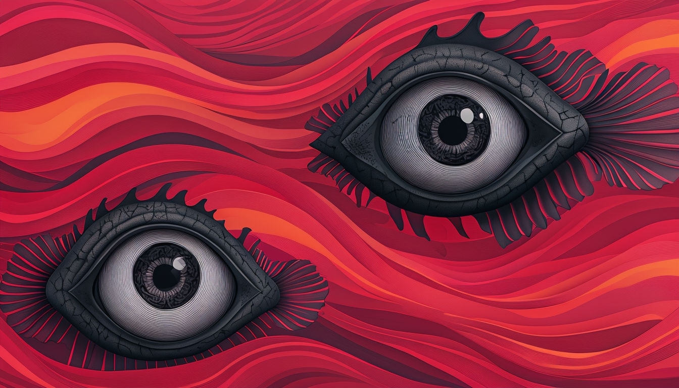 Surreal Abstract Artwork with Intense Black Eyes and Waves Background