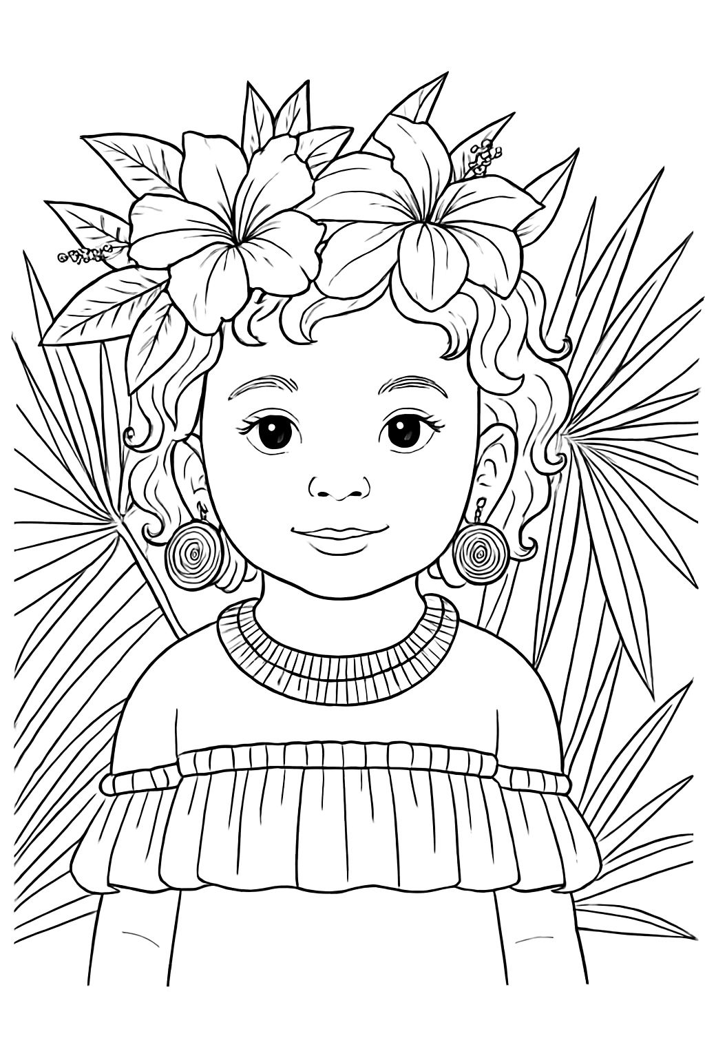 Charming Black and White Child with Floral Crown Coloring Page