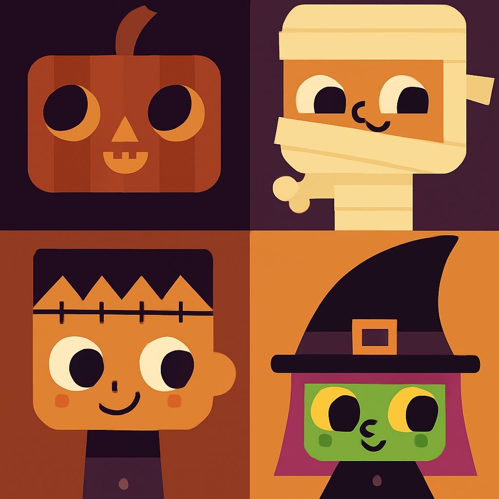 Whimsical Halloween Characters in Cartoon Style Seamless Pattern