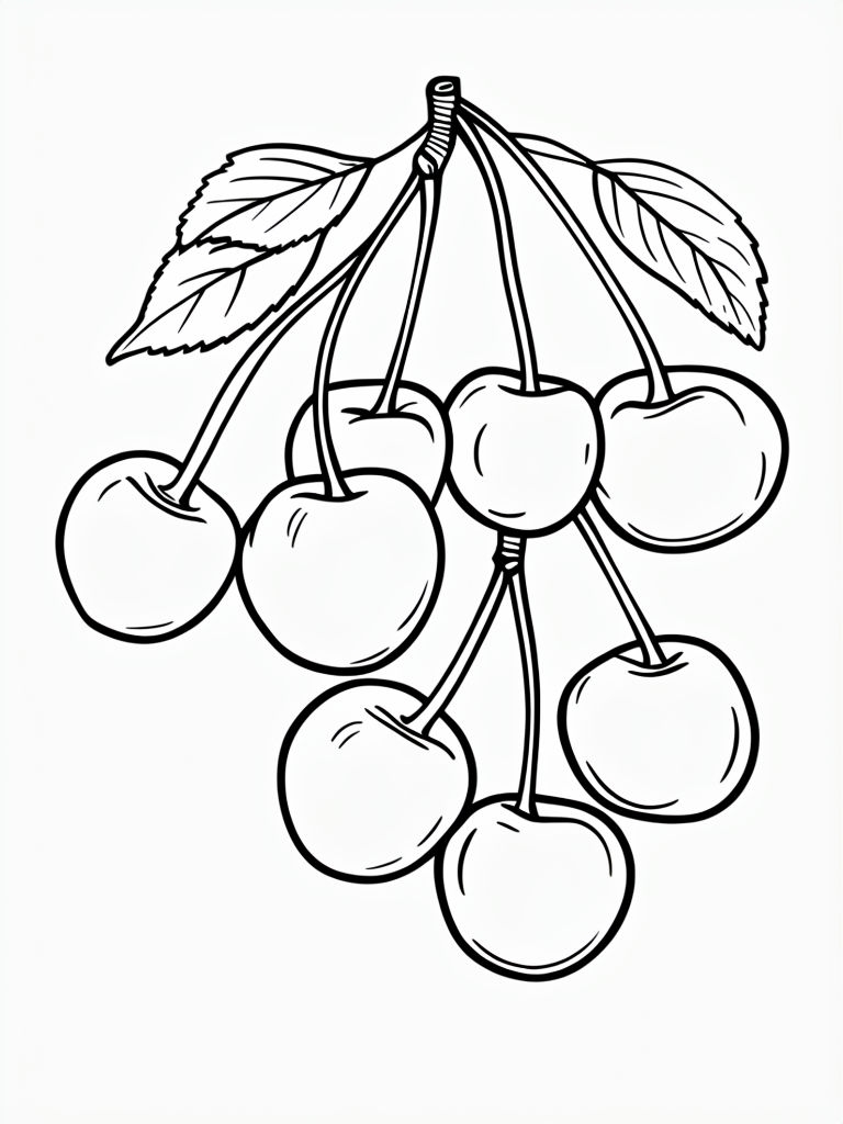 Detailed Black and White Cherry Line Drawing Coloring Page