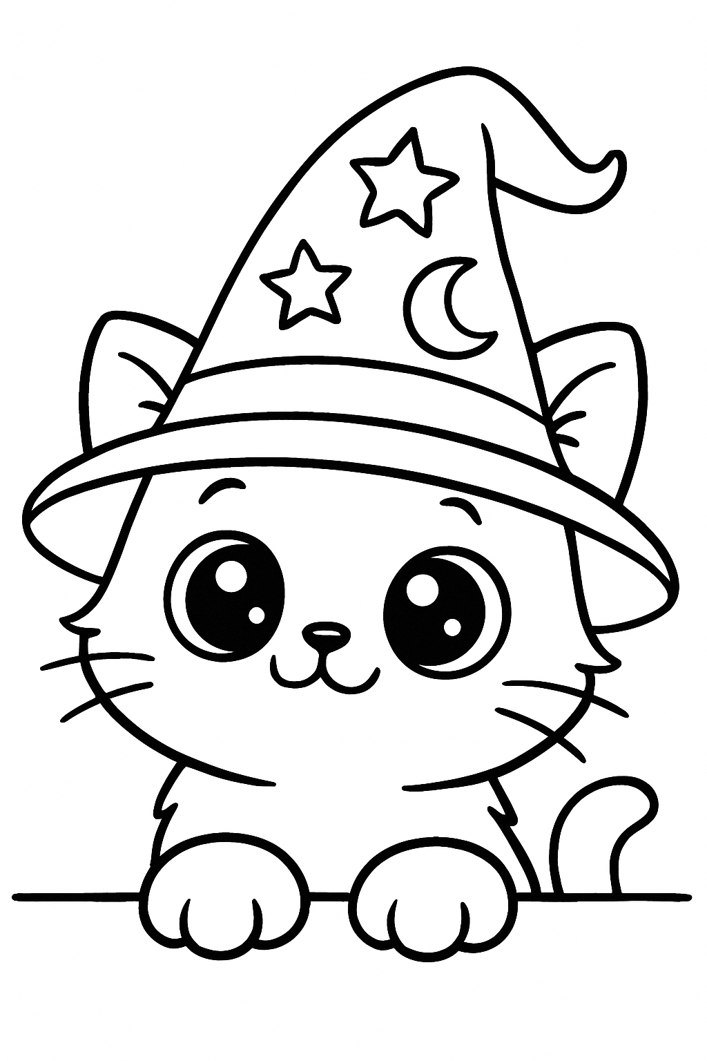 Whimsical Cartoon Cat in Witch Hat Line Drawing Coloring Book Pages