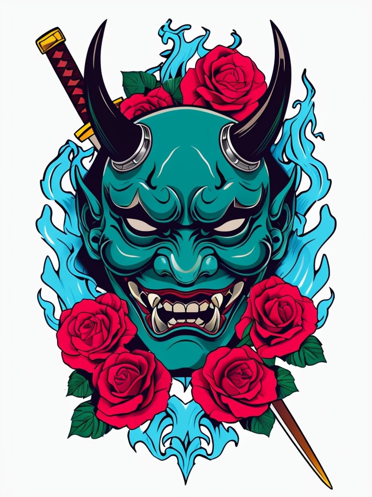 Vibrant Teal Hannya Mask Illustration with Roses and Flames Art