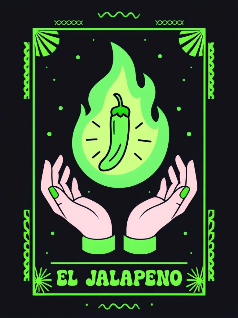 Stylized El Jalapeño Pepper Illustration with Hands Poster
