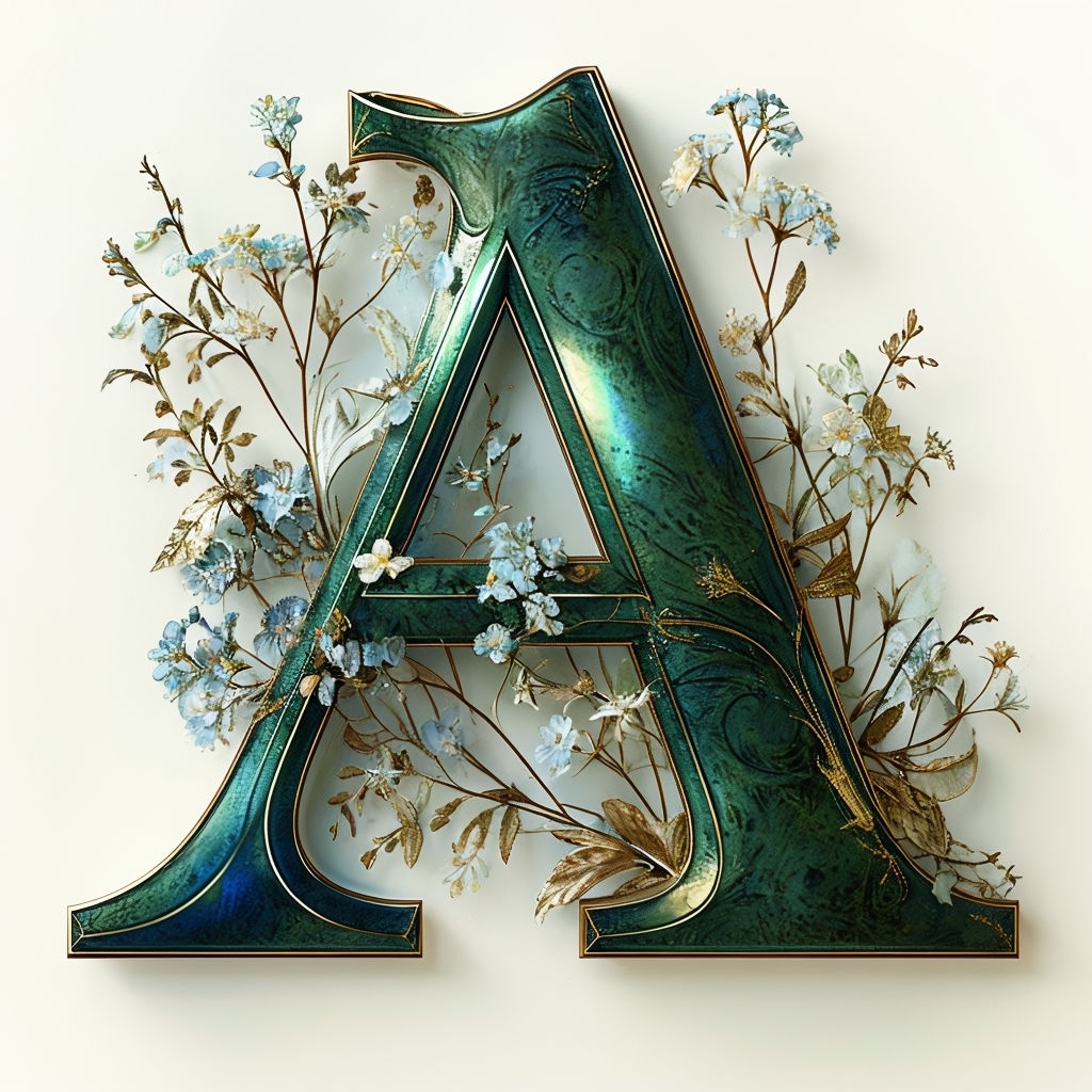 Elegant Indigo Green Floral Monogram Letter A Art