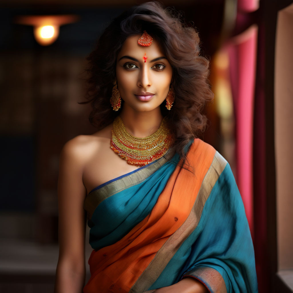 Indian beautiful women in sari without blouse. Cleavage visible.