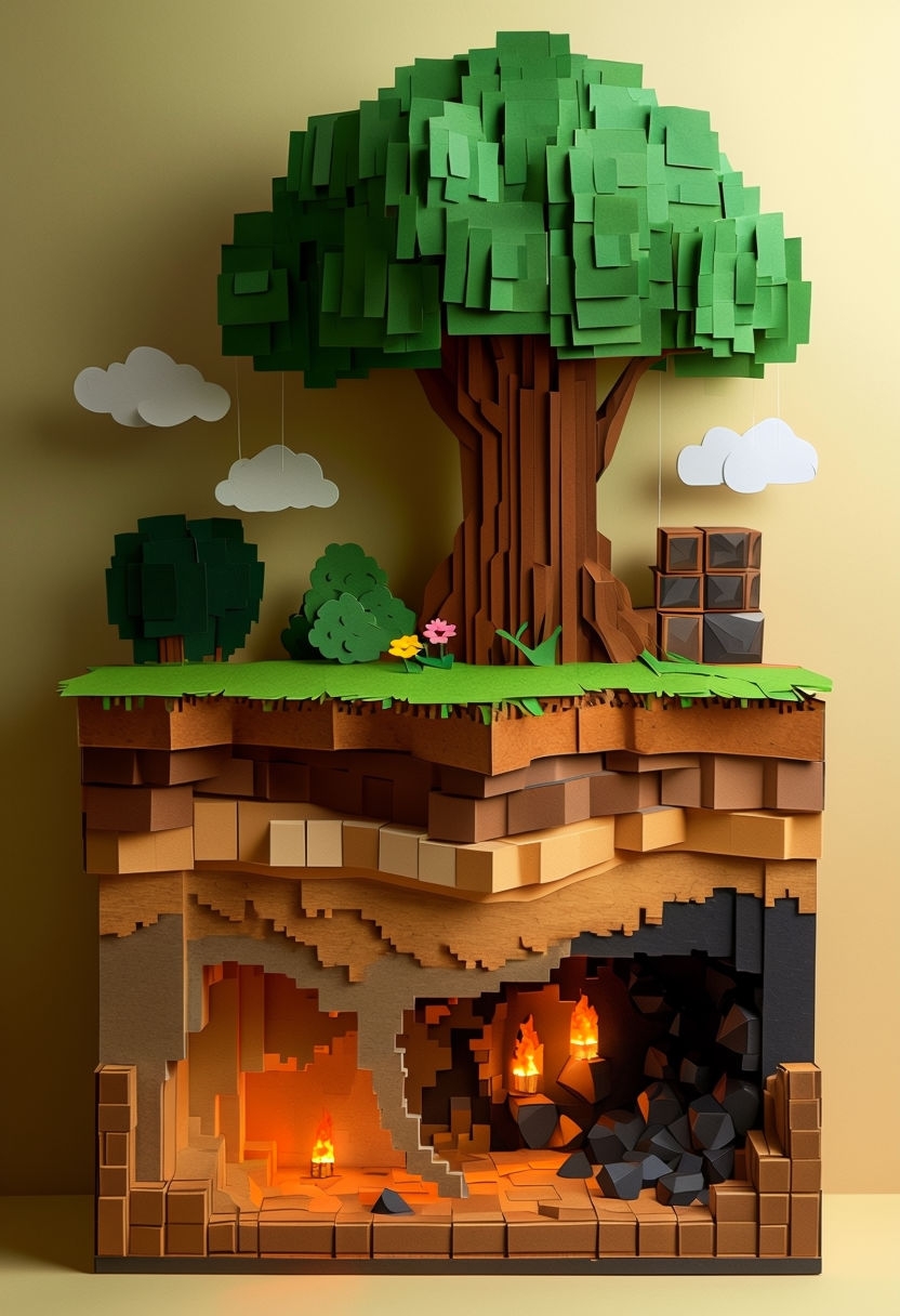 Whimsical 3D Paper Craft Blocky Landscape Inspired by Classic Games Art