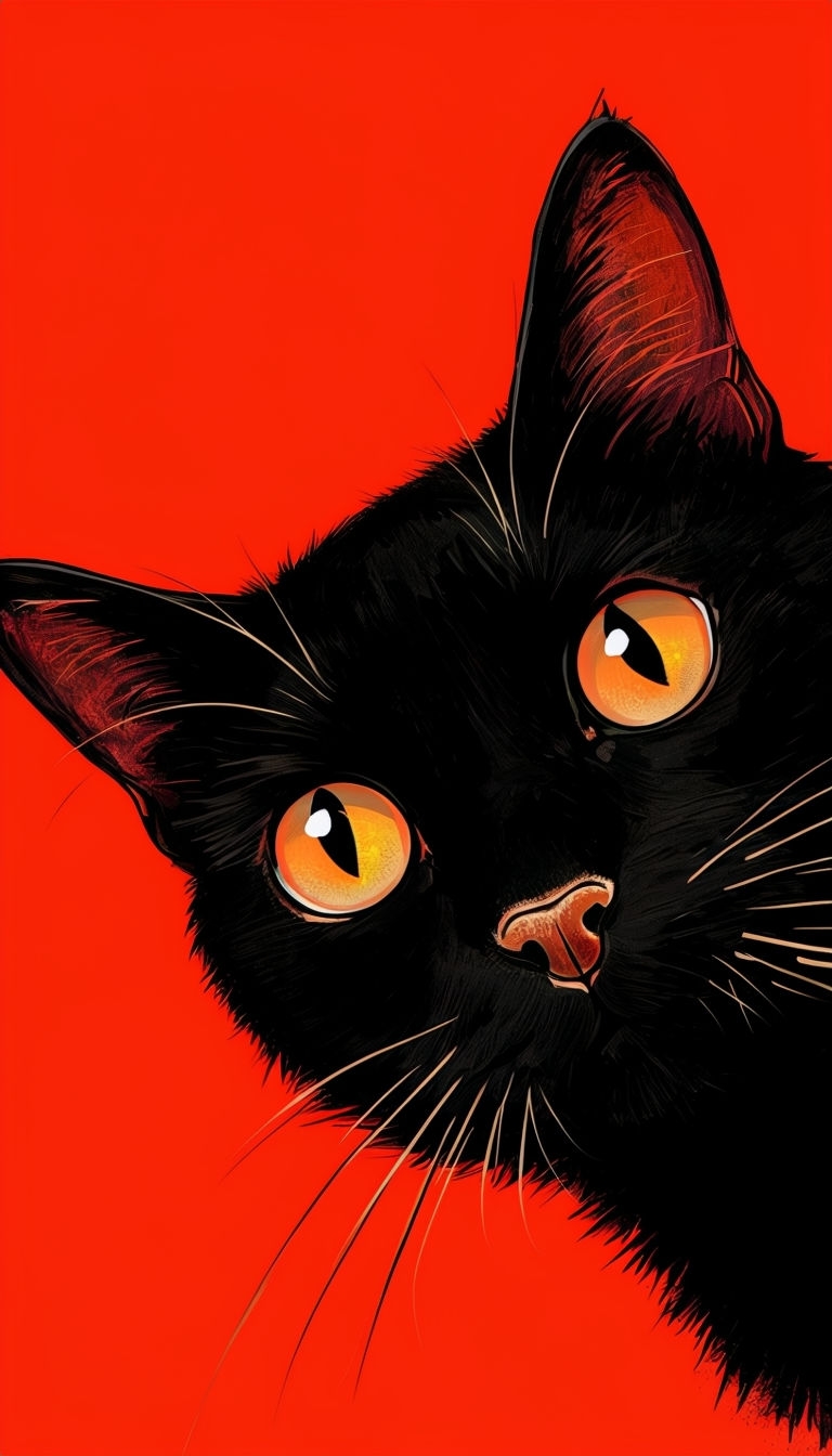 Intense Black Cat Face Illustration on Bold Red Background Mobile Wallpaper