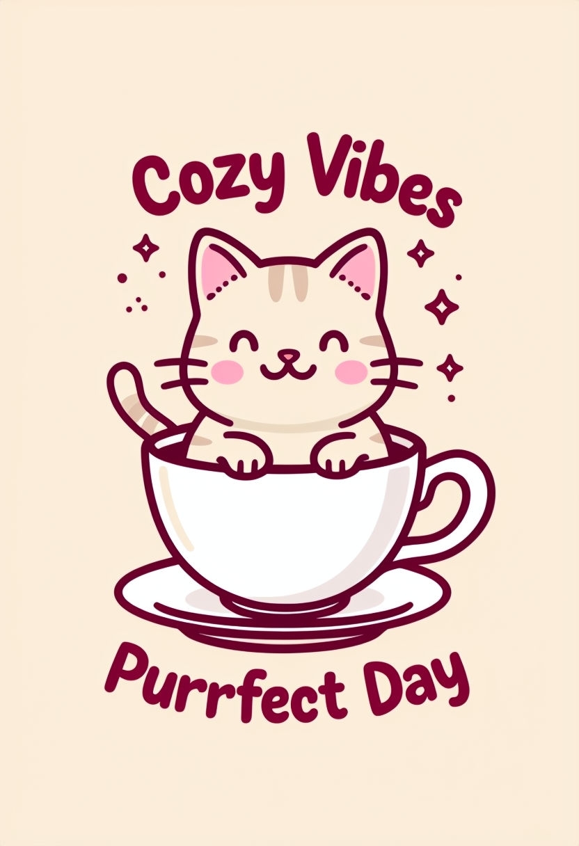 Cute Cartoon Cat in Teacup with Cozy Vibes T-shirt