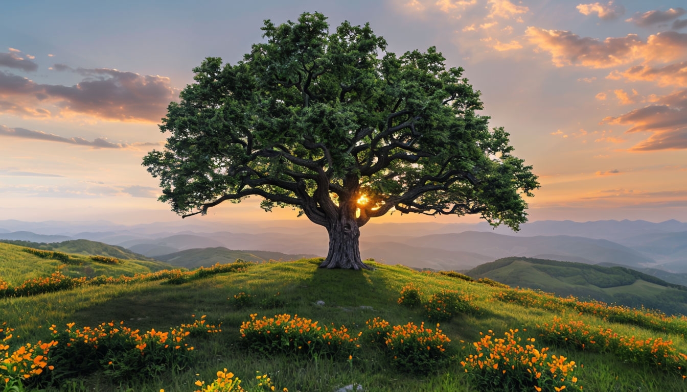 Serene Sunset Landscape with Oak Tree and Vibrant Flowers Virtual Backgrounds