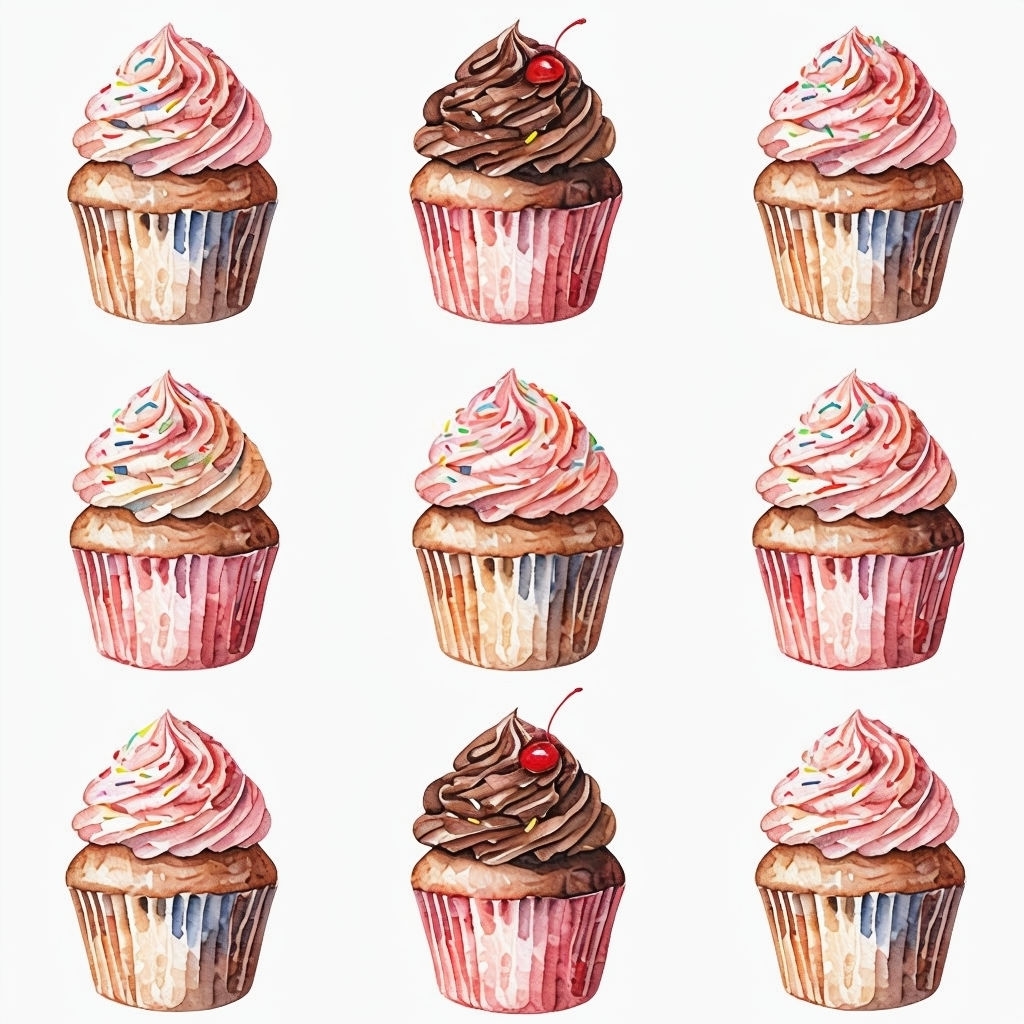 Colorful Watercolor Cupcakes Seamless Pattern Design