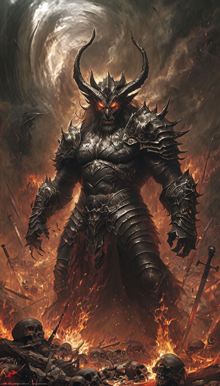 Dramatic Demon Warrior in Chaotic Hellish Battlefield Mobile Wallpaper