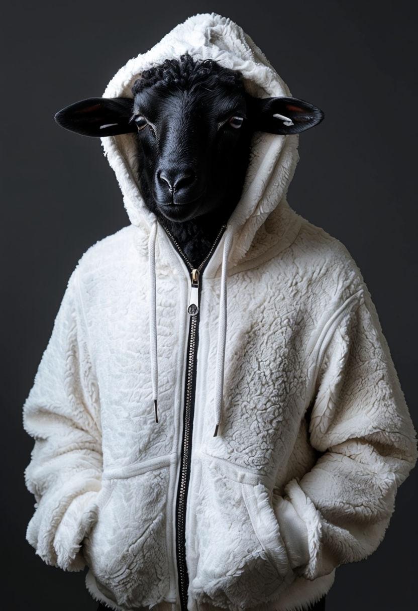 Anthropomorphic Black Sheep in White Hoodie Conceptual Art
