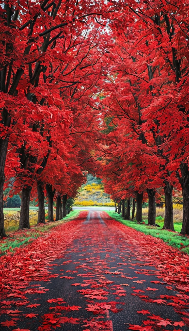 Vibrant Autumn Landscape with Red Fallen Leaves Mobile Wallpaper