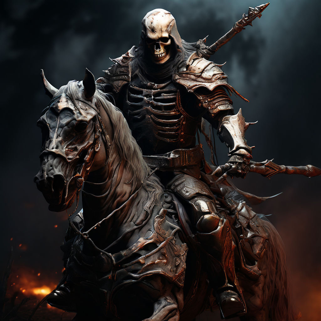 A skeleton man with a spear on a skeleton horse in armour sc... by Bob