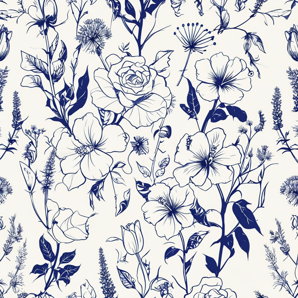 Elegant Navy Blue Floral Line Drawing Seamless Pattern