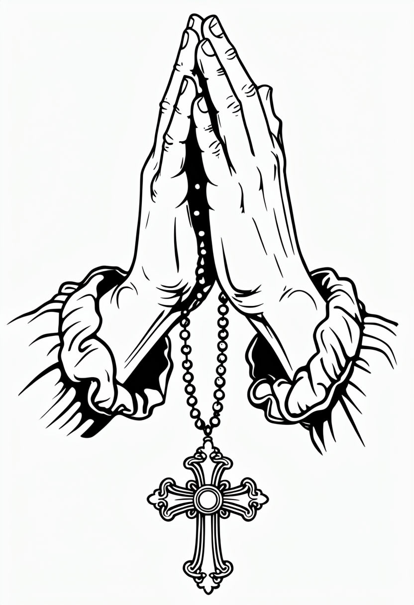 Intricate Prayer Hands with Rosary and Ornate Cross Coloring Page
