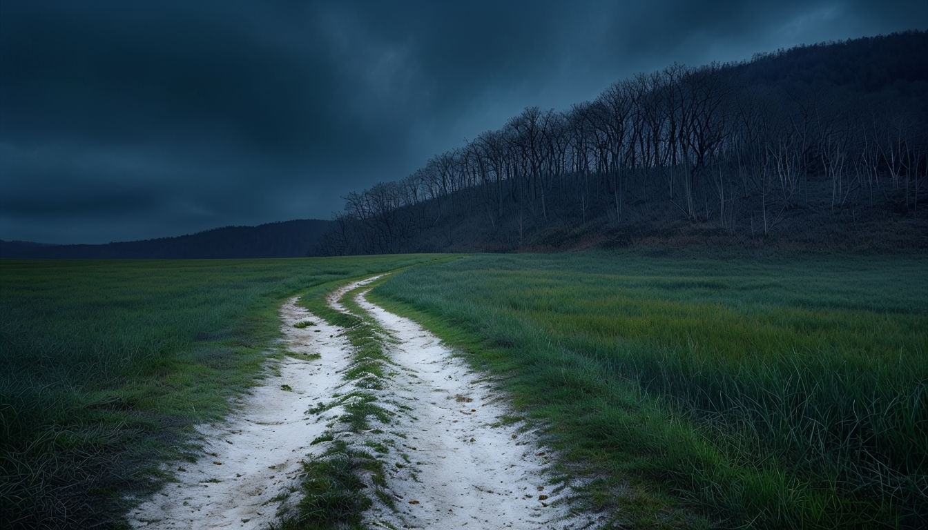 Serene Winding Path through Grassy Field and Ominous Forest Backgrounds
