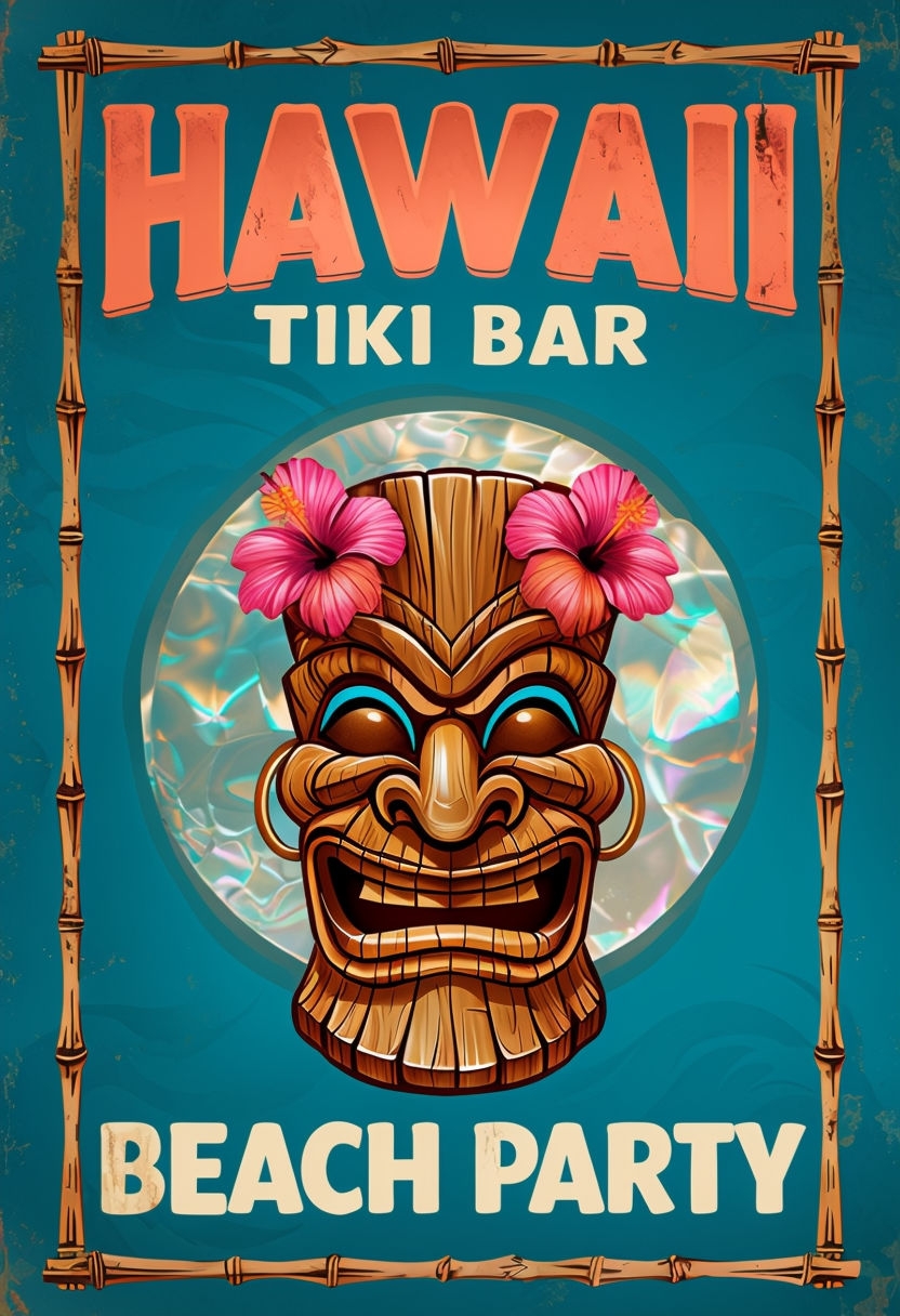 Vibrant Vintage Hawaii Tiki Bar Beach Party Poster
