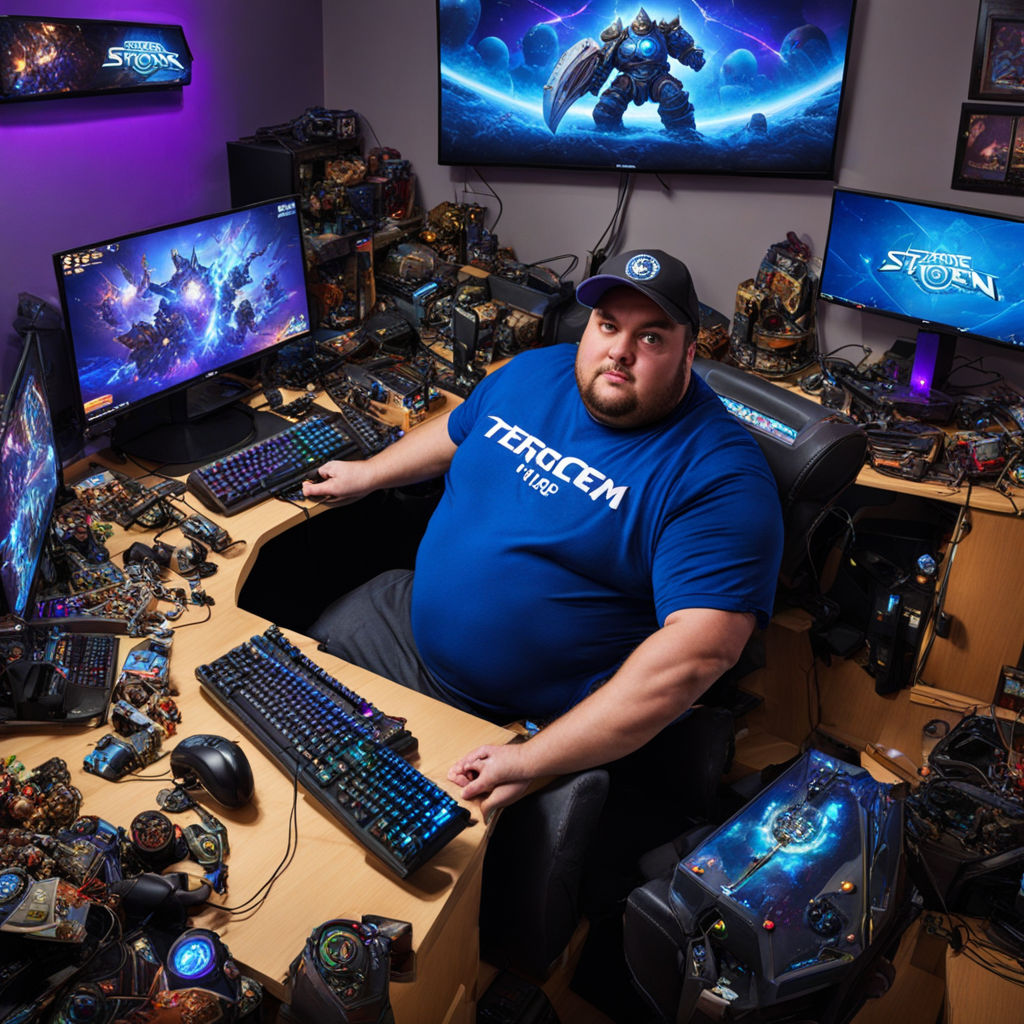 a fat man playing in his gaming computer