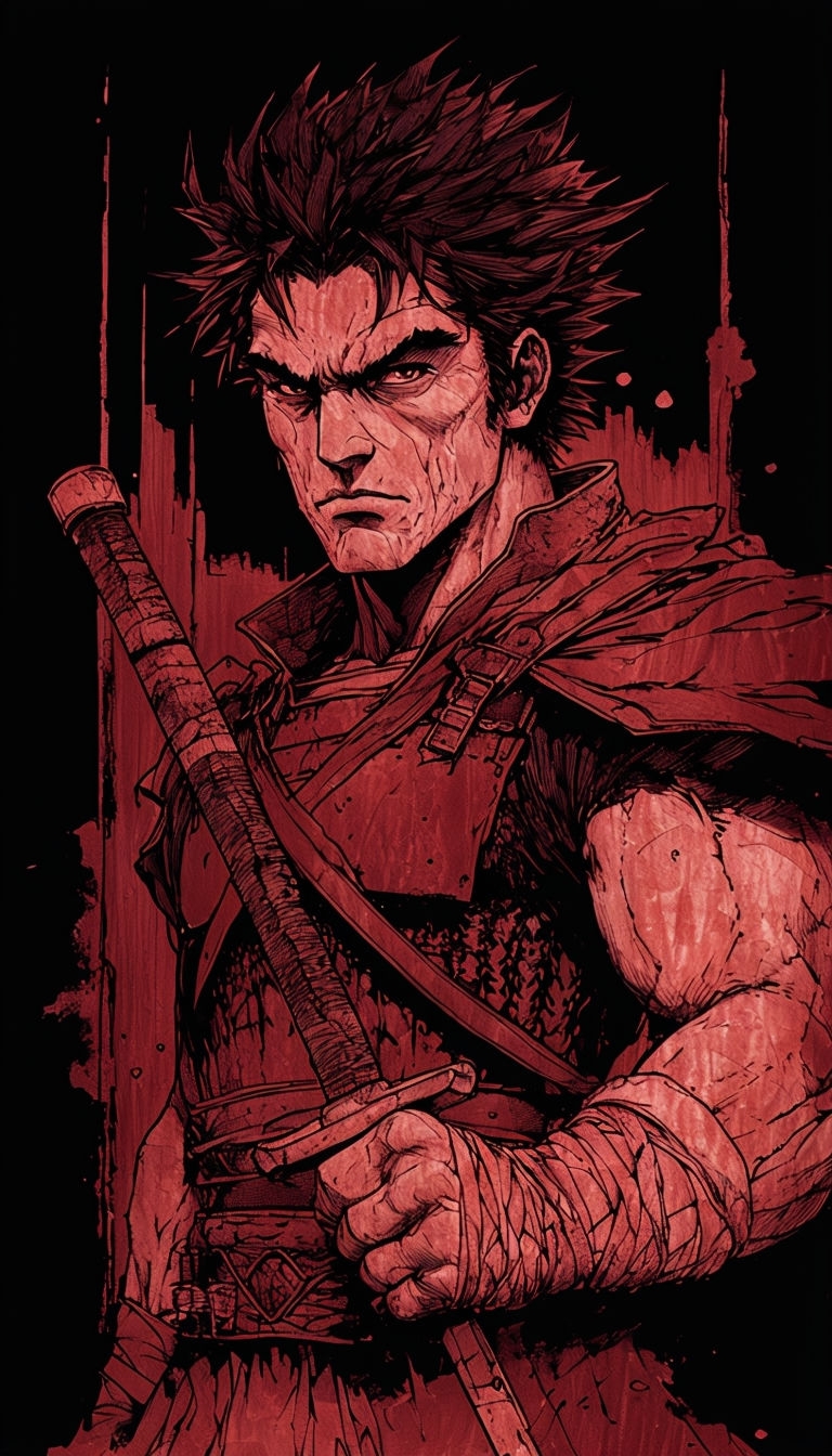 Dramatic Red Ink Warrior Illustration on Black Background Mobile Wallpaper