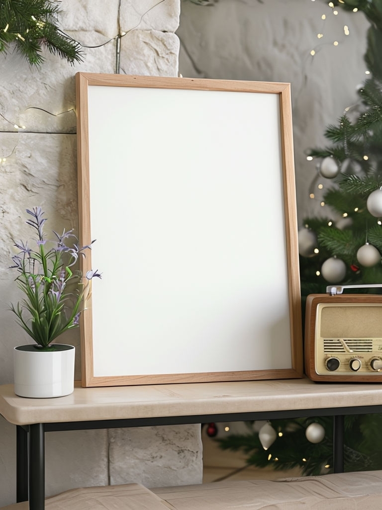 Minimalist Christmas Scene with White Poster and Decor Mockup