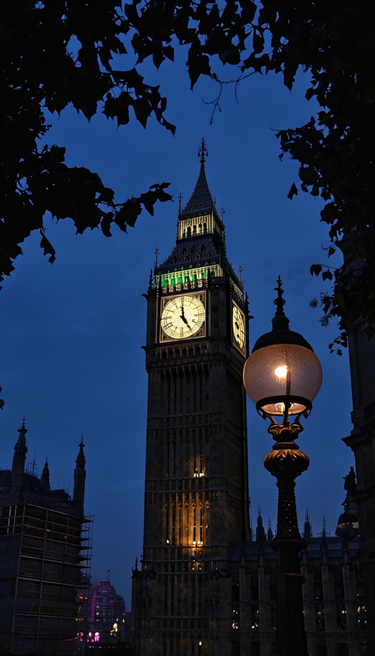 Illuminated Big Ben Evening Scene with Street Lamp Mobile Wallpaper