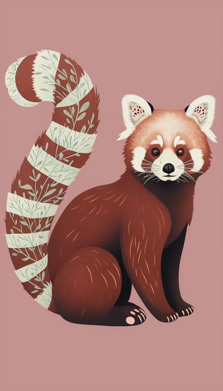 Serene Red Panda Illustration with Delicate Leaf Patterns Mobile Wallpaper
