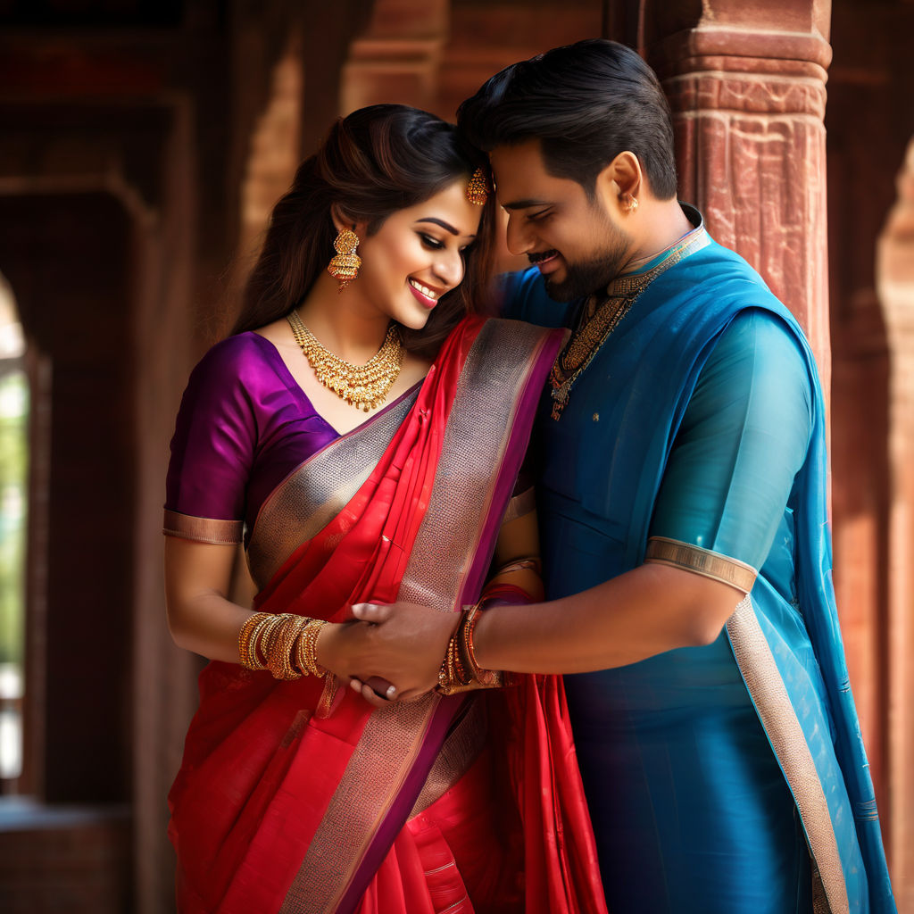 Indian tamil pregnant couples wearing full saree & vesti shirt
