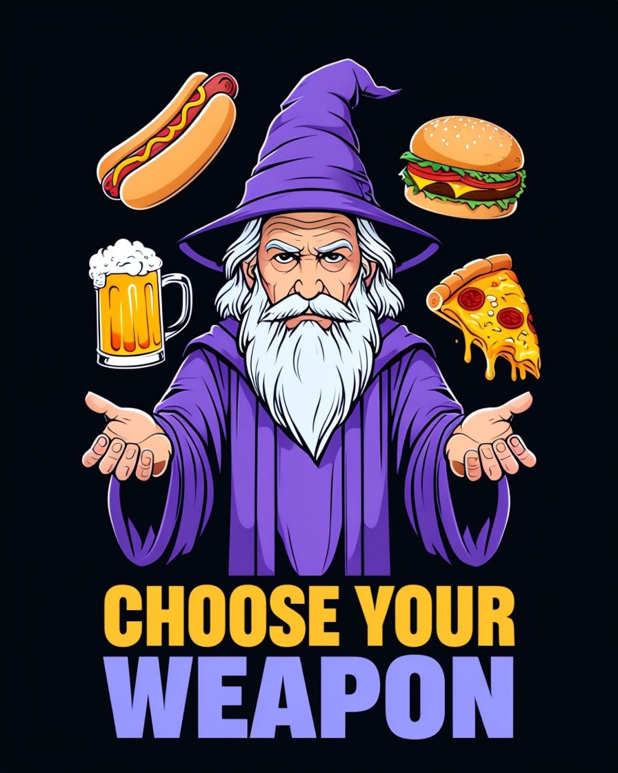 Humorous Wizard with Food Items Choose Your Weapon T-Shirt