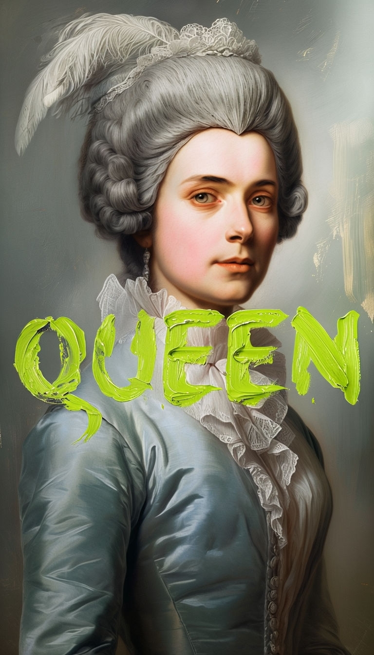 Dignified Woman Portrait with Modern QUEEN Text Overlay Art