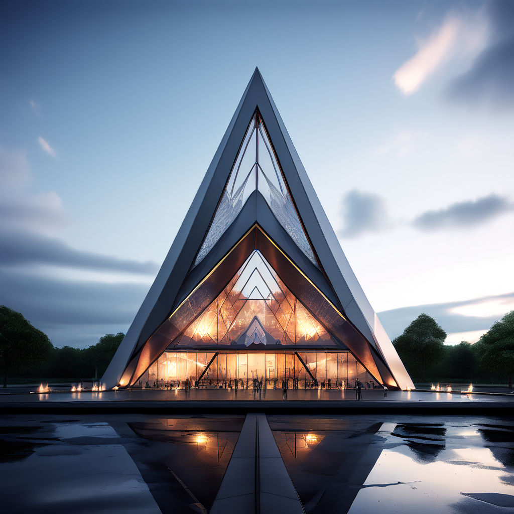 A futuristic building with a triangular roof in an elevated ... by ...