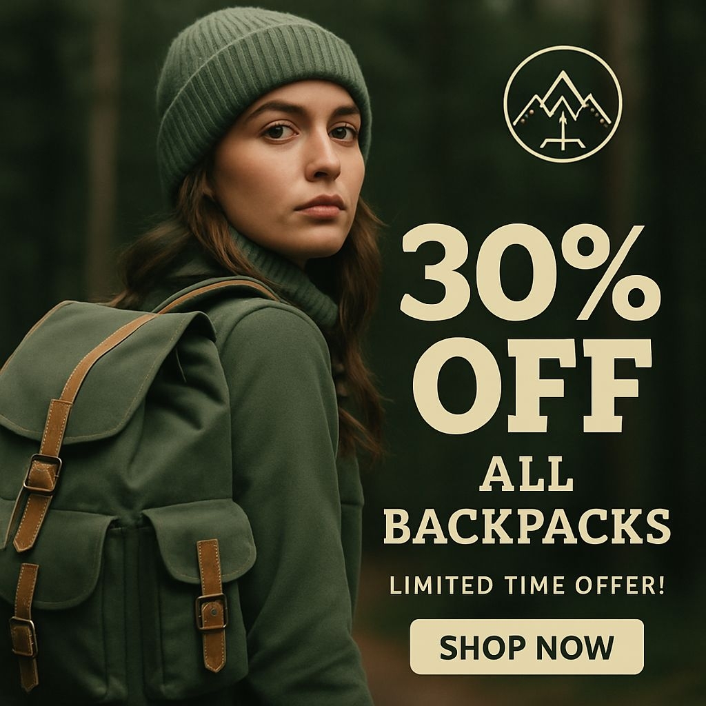 Adventurous Woman with Backpack and 30% Off Promotion Ads